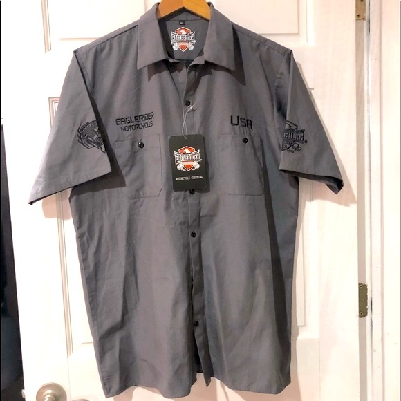 EAGLE RIDER motorcycle clothing men’s buttoned grey decaled shirt size XL NWT - Picture 2 of 14